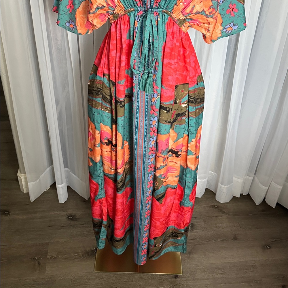 Boho Kimono Style Sleeves Floral Multicolor Long Dress - Picture 4 of 9